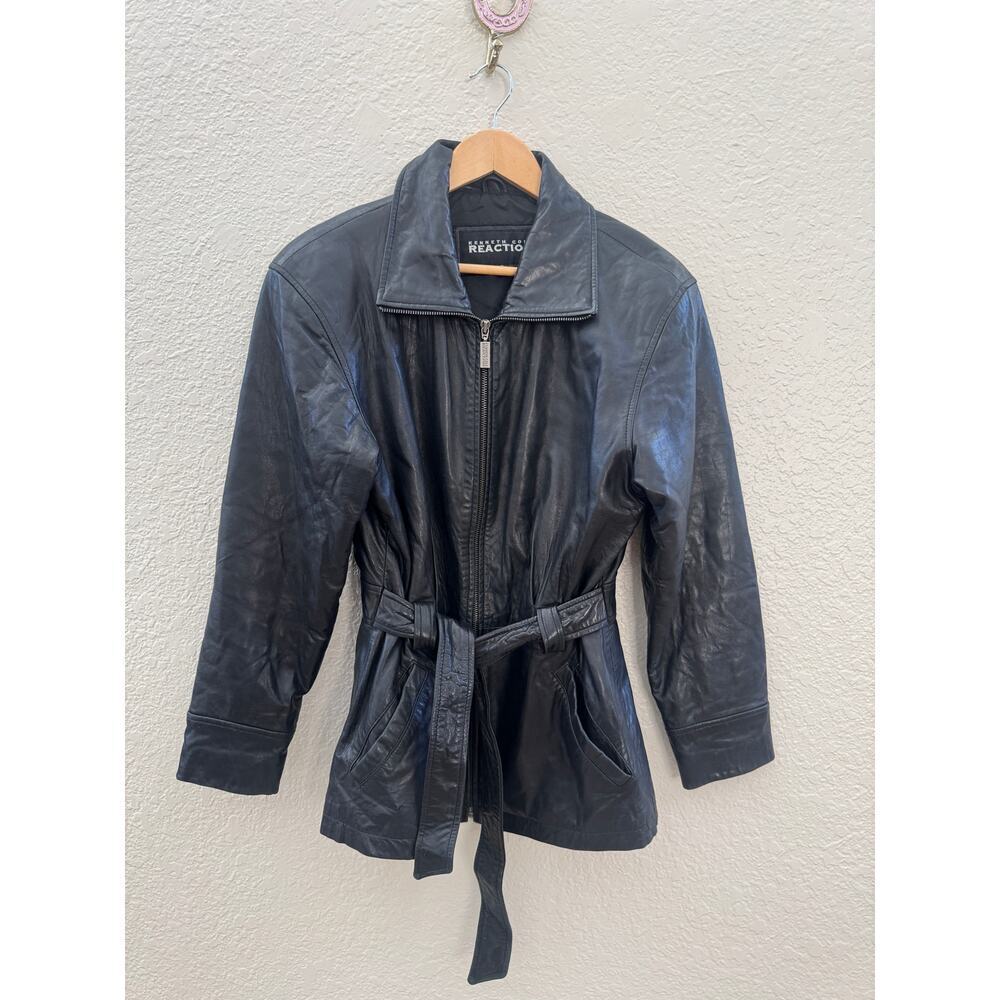Vintage 1990's Designer 100% Leather Black Belted Jacket